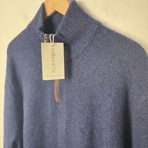 Collars & Co Balmoral Quarter Zip Wool Sweater Navy with Brown Suede Trim XXXL